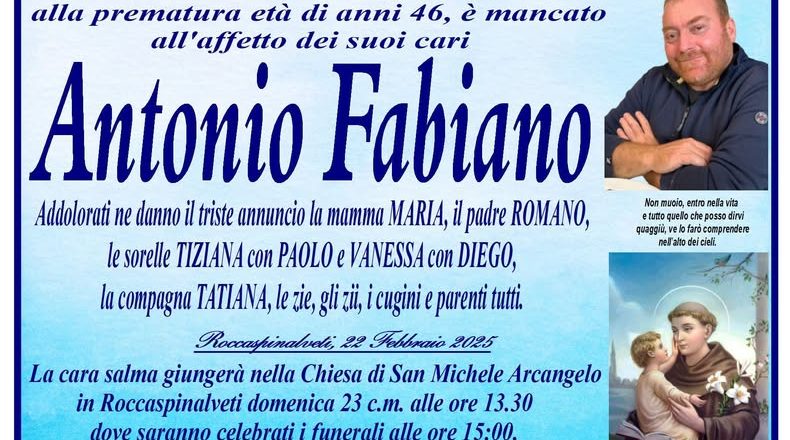 Domani alle 15 l’ultimo saluto a Antonio Fabiano