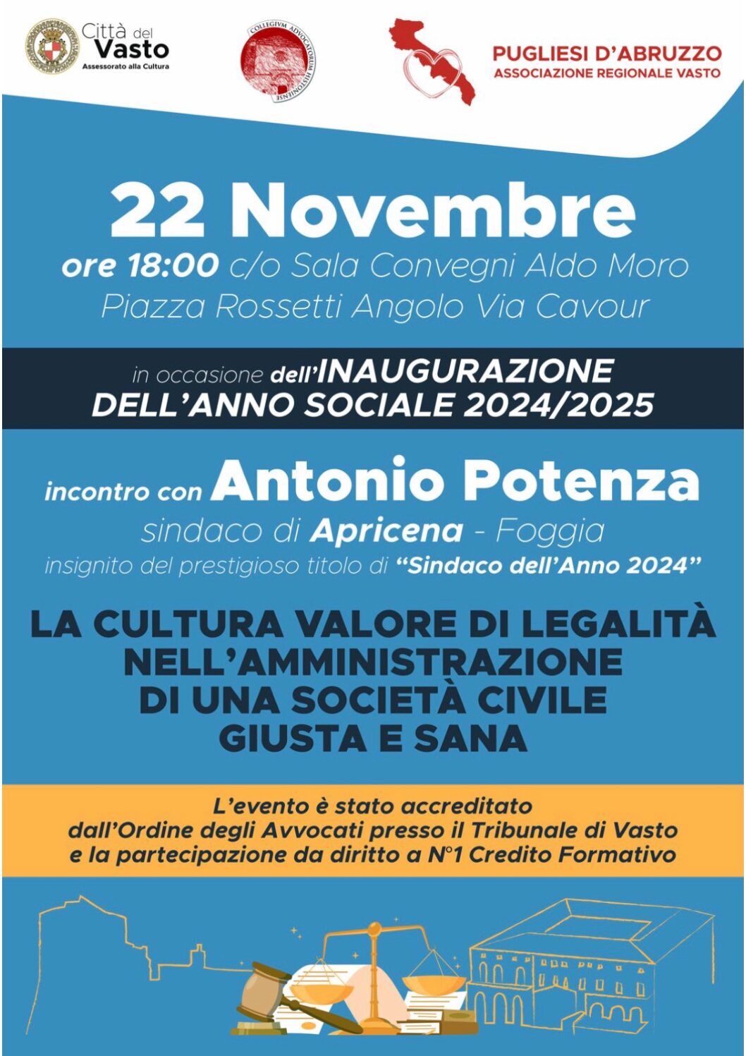 Vasto, il 22 novembre il convegno “La cultura valore di legalità nell’amministrazione di una società civile giusta e sana”