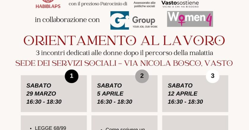 Orientamento al lavoro, a Vasto un percorso per le donne dopo la malattia oncologica