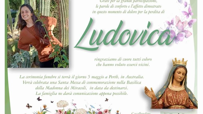 Il 5 maggio a Perth i funerali di Ludovica Piscicelli, al rientro in Italia una Santa Messa nella Basilica della Madonna dei Miracoli