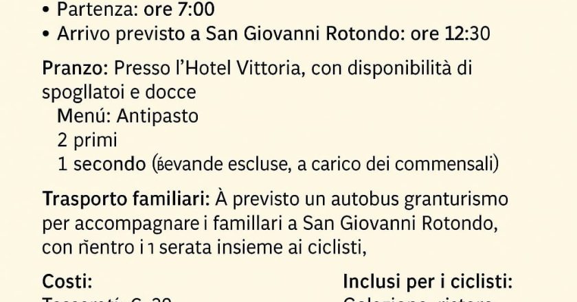 Domenica 11 maggio: da Vasto a San Giovanni Rotondo sulle due ruote