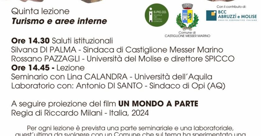 Il 16 maggio alla Scuola dei Piccoli Comuni di Castiglione Messer Marino,  lezione, laboratorio e film.  Ospiti Lina Calandra e Antonio Di Santo