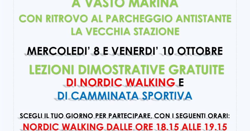 L’8 e il 10 ottobre, a Vasto Marina, lezioni dimostrative gratuite di Nordic Walking e Camminata Sportiva