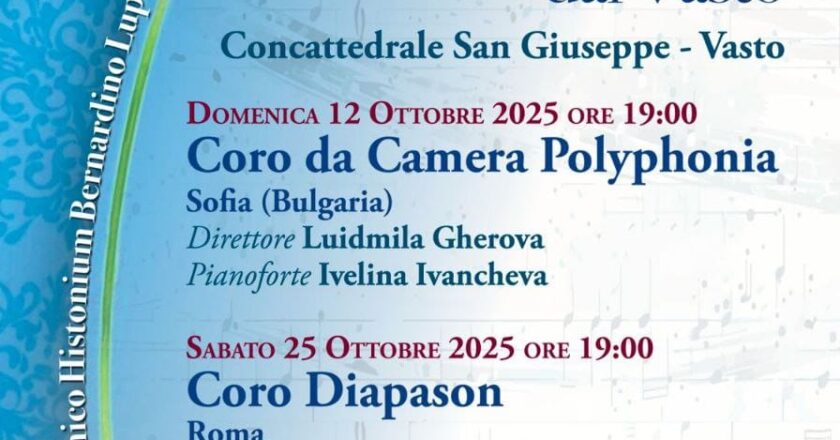 Al via la 24esima edizione della rassegna musicale Bernardino Lupacchino dal Vasto. Gli appuntamenti il 12 e il 25 ottobre 2025  