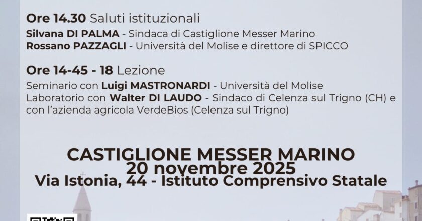 Agricoltura e ruralità come valore ambientale, sociale ed economico: giovedì 20 novembre lezione inaugurale della Scuola dei Piccoli Comuni di Castiglione Messer Marino