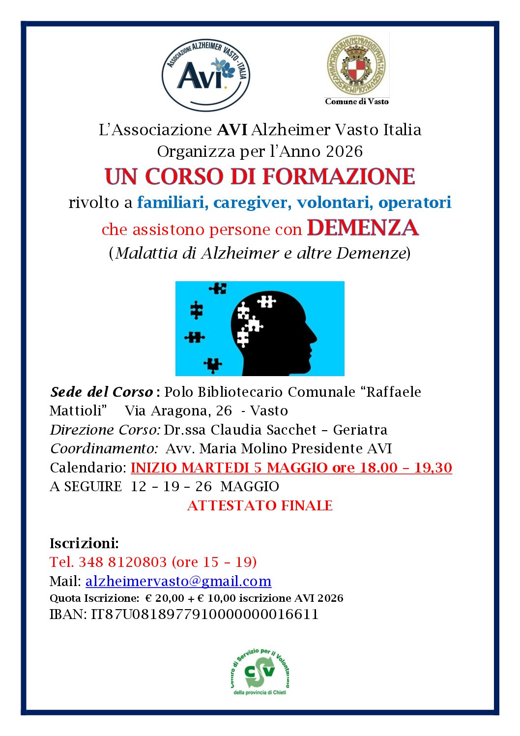 Vasto, dal 5 maggio un Corso di Formazione rivolto ai familiari, caregiver, volontari e operatori che assistono persone con demenza