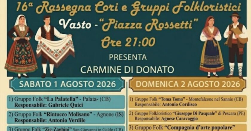 Vasto, sabato 1 e domenica 2 agosto torna la Rassegna dei Cori e dei Gruppi Folkloristici