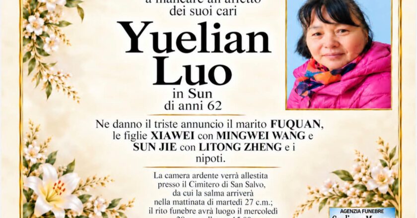 Domani 28 ottobre l’ultimo saluto a Yuelian Luo